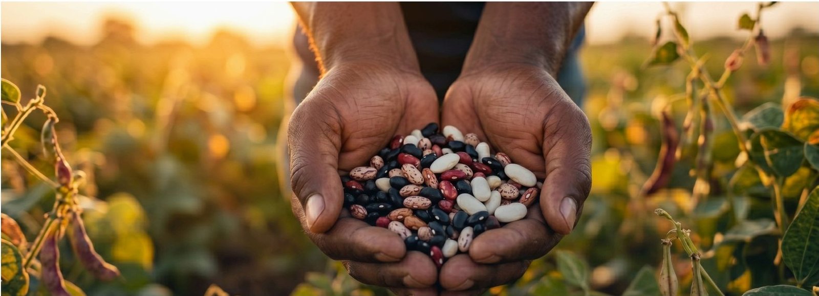 Manos bolivianas sosteniendo frejoles en el campo