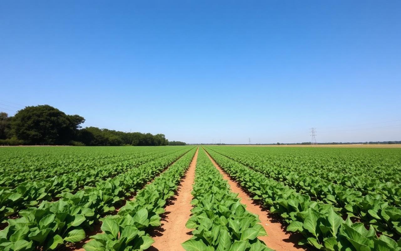 Cultivos verdes en hileras bajo cielo azul